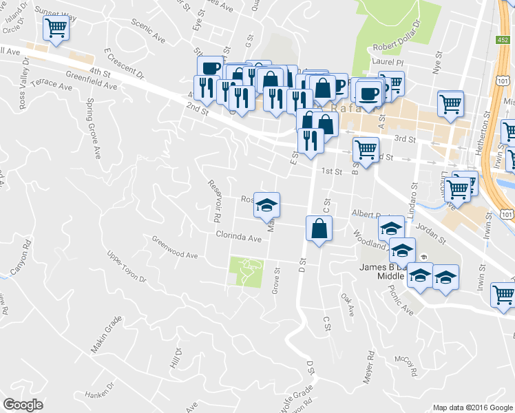 map of restaurants, bars, coffee shops, grocery stores, and more near 323 Bayview Street in San Rafael