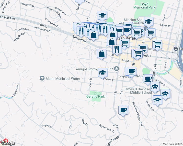 map of restaurants, bars, coffee shops, grocery stores, and more near 131 Clark Street in San Rafael