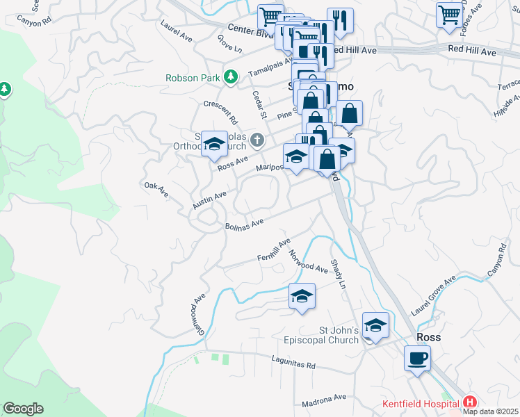 map of restaurants, bars, coffee shops, grocery stores, and more near Seminary Road in San Anselmo