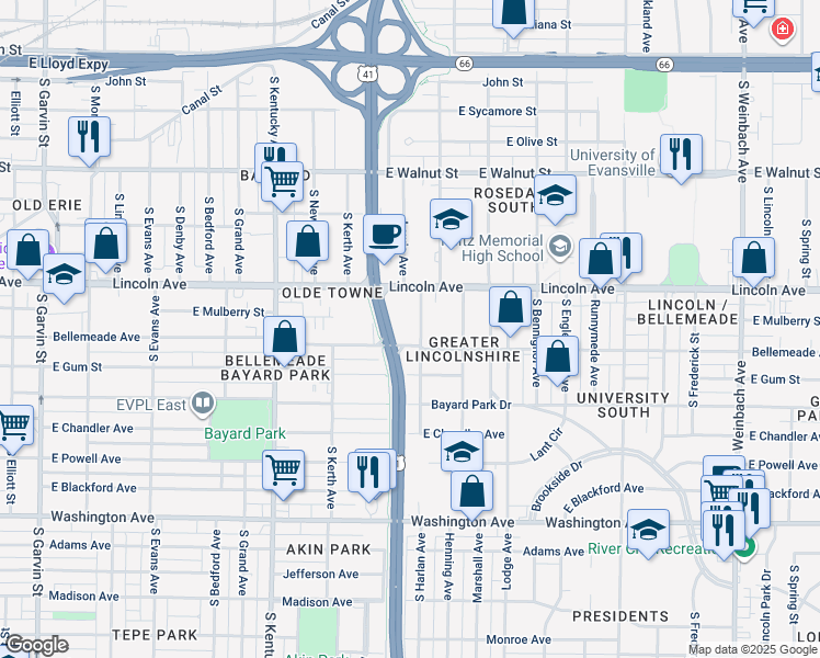 map of restaurants, bars, coffee shops, grocery stores, and more near 1219 Bellemeade Avenue in Evansville