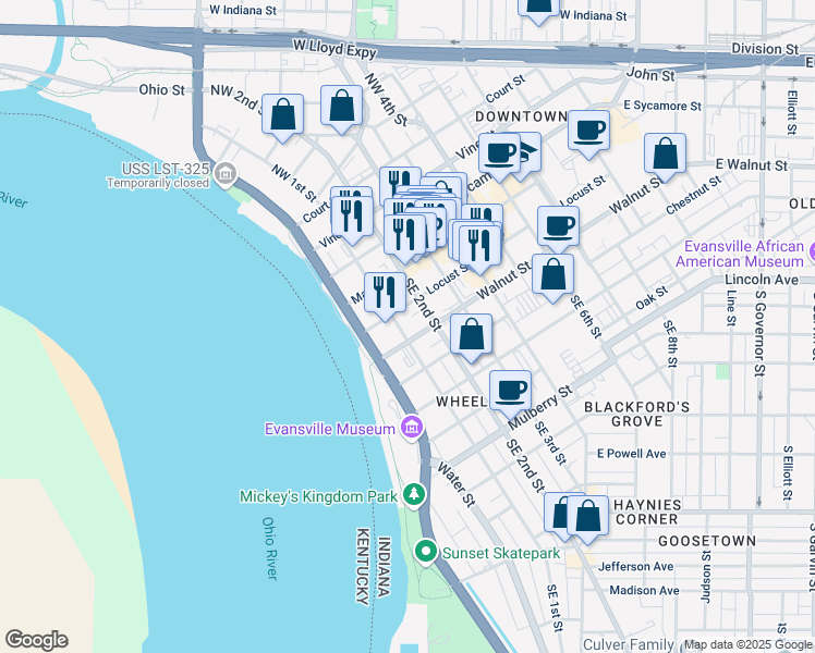 map of restaurants, bars, coffee shops, grocery stores, and more near 17 Walnut Street in Evansville
