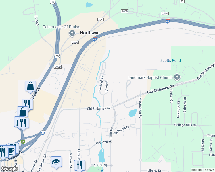 map of restaurants, bars, coffee shops, grocery stores, and more near 2125 Ware Circle in Rolla