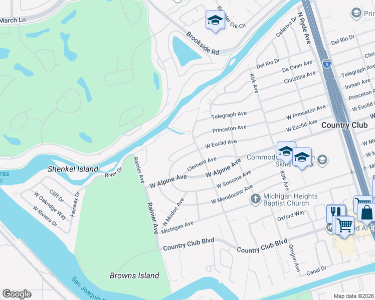 map of restaurants, bars, coffee shops, grocery stores, and more near 3439 West Euclid Avenue in Stockton