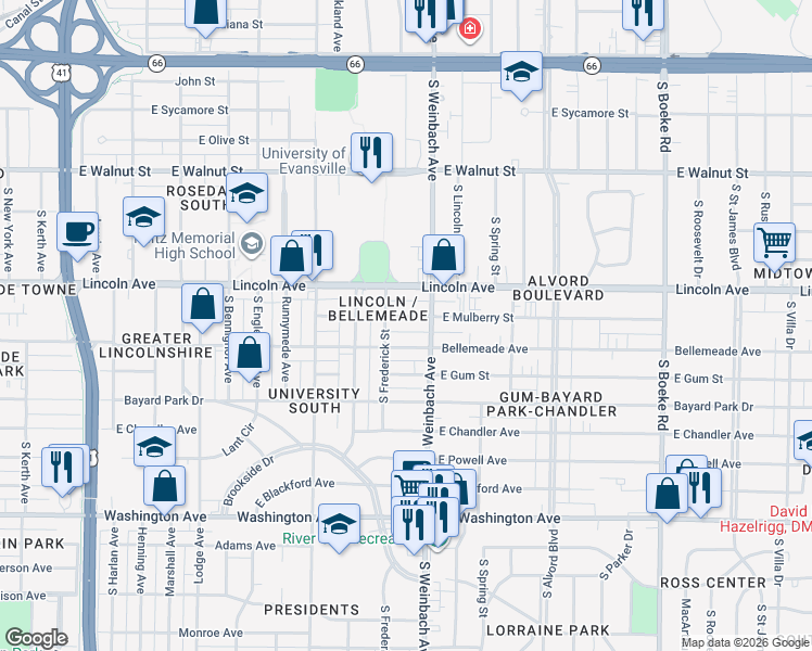 map of restaurants, bars, coffee shops, grocery stores, and more near 1905 Bellemeade Avenue in Evansville