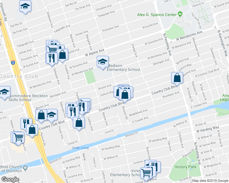 map of restaurants, bars, coffee shops, grocery stores, and more near 1917 Oxford Way in Stockton
