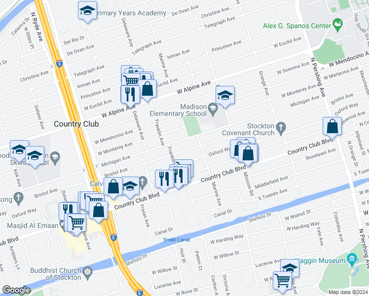 map of restaurants, bars, coffee shops, grocery stores, and more near 2039 Bristol Avenue in Stockton