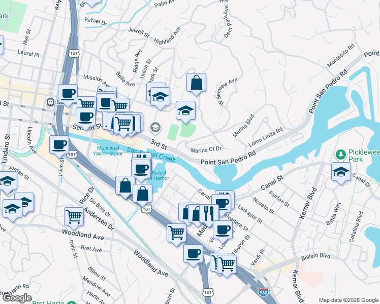 map of restaurants, bars, coffee shops, grocery stores, and more near 28 Marina Court Drive in San Rafael