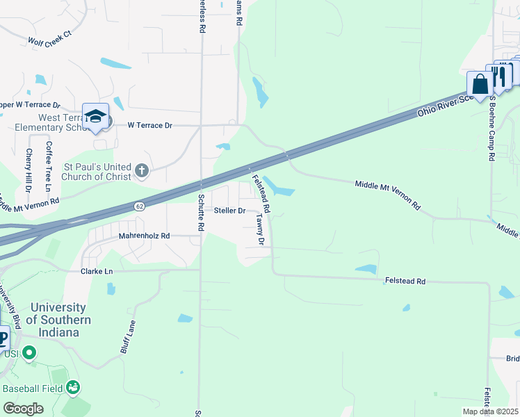 map of restaurants, bars, coffee shops, grocery stores, and more near 7100 Felstead Road in Evansville