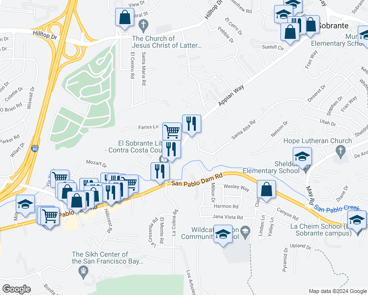 map of restaurants, bars, coffee shops, grocery stores, and more near 4300 Appian Way in El Sobrante