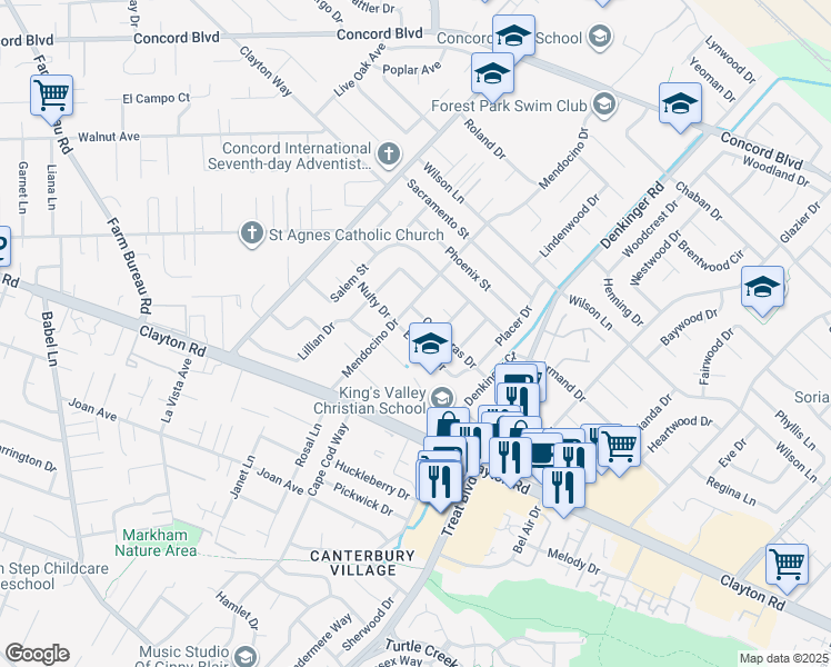 map of restaurants, bars, coffee shops, grocery stores, and more near 1568 Mendocino Drive in Concord
