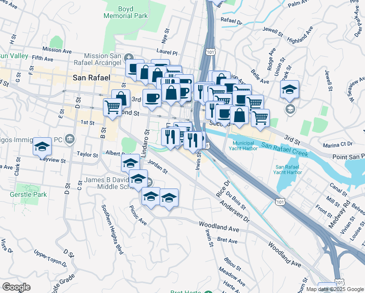 map of restaurants, bars, coffee shops, grocery stores, and more near 655 Irwin Street in San Rafael