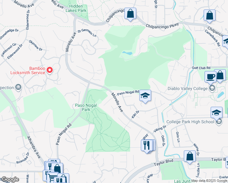 map of restaurants, bars, coffee shops, grocery stores, and more near 1890 Morello Avenue in Pleasant Hill