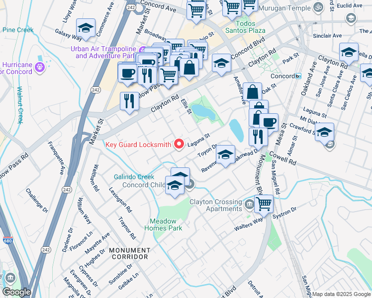 map of restaurants, bars, coffee shops, grocery stores, and more near 1700 Laguna Street in Concord
