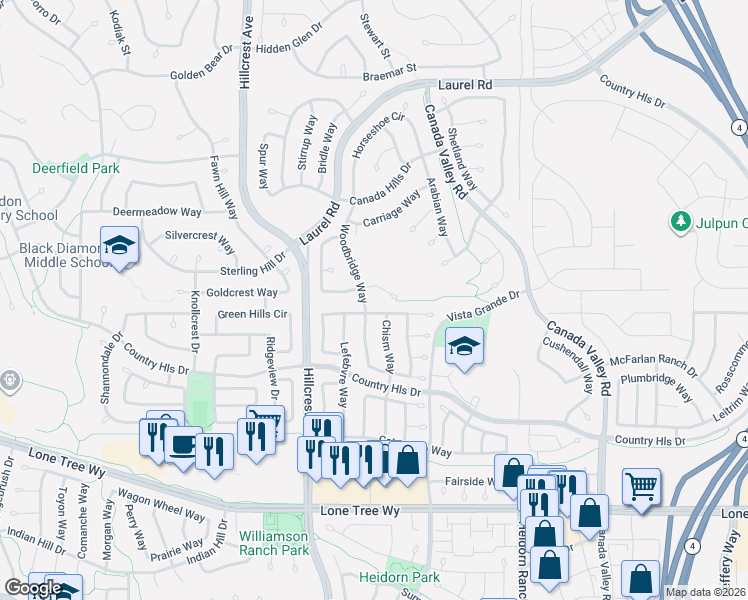 map of restaurants, bars, coffee shops, grocery stores, and more near 5121 Rodeo Court in Antioch