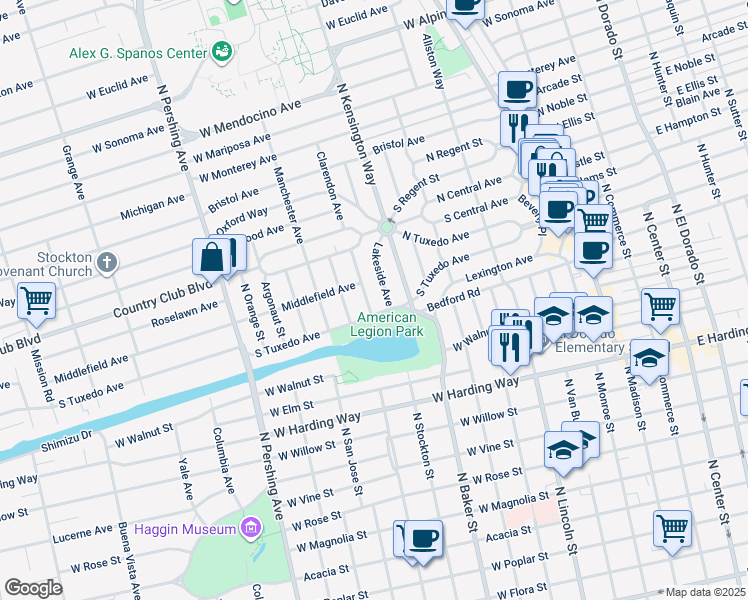 map of restaurants, bars, coffee shops, grocery stores, and more near 2124 North Stockton Street in Stockton