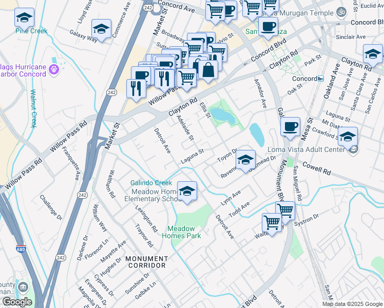 map of restaurants, bars, coffee shops, grocery stores, and more near 1699 Laguna Street in Concord