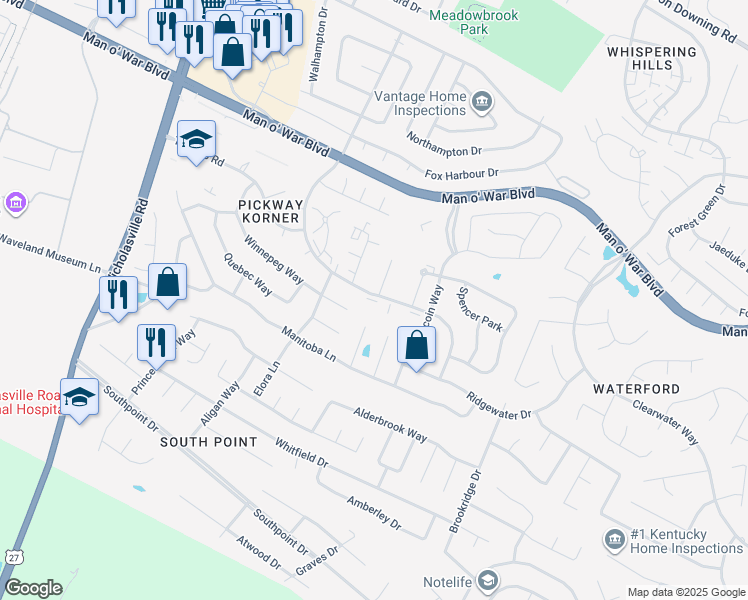 map of restaurants, bars, coffee shops, grocery stores, and more near 4161 Victoria Way in Lexington