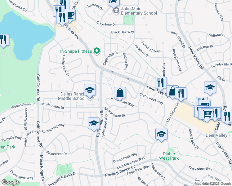 map of restaurants, bars, coffee shops, grocery stores, and more near 1736 Nandina Court in Antioch