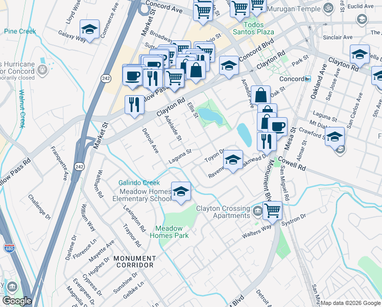 map of restaurants, bars, coffee shops, grocery stores, and more near 1700 Laguna Street in Concord