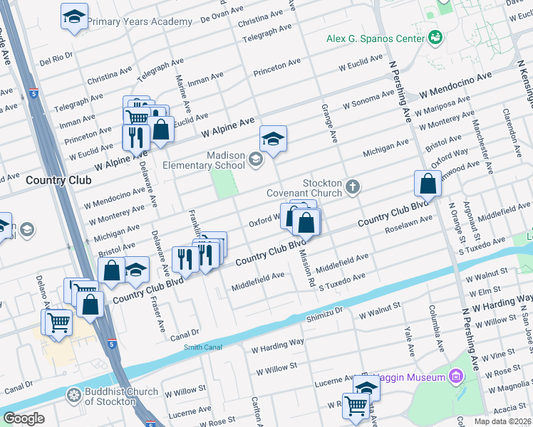 map of restaurants, bars, coffee shops, grocery stores, and more near 1959 Bristol Avenue in Stockton