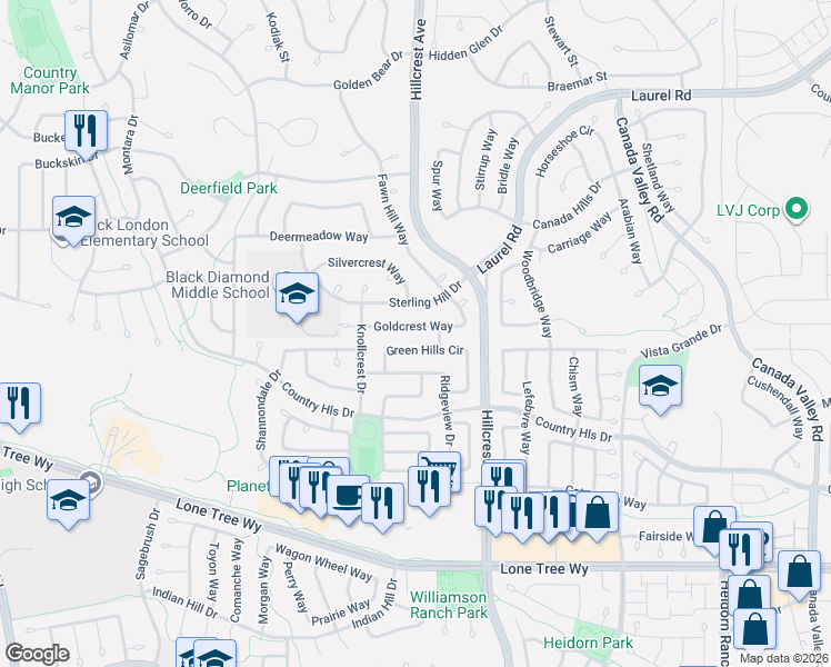 map of restaurants, bars, coffee shops, grocery stores, and more near 4840 Sterling Hill Drive in Antioch