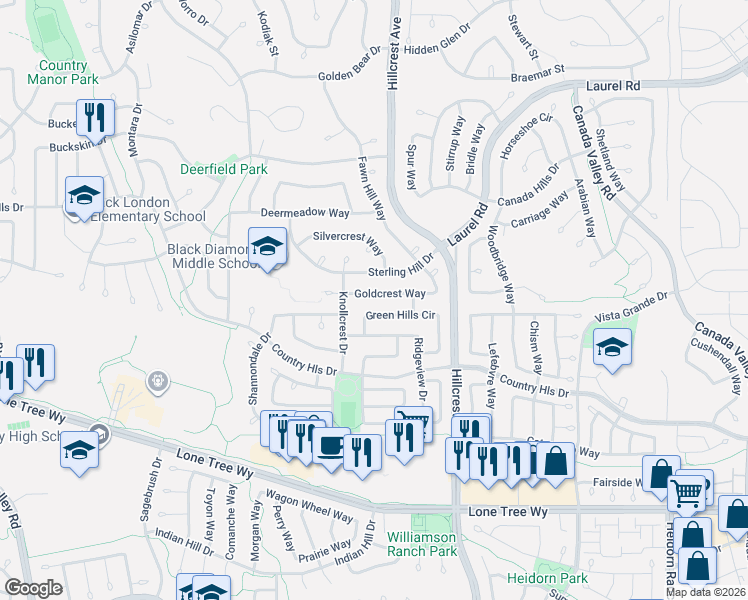 map of restaurants, bars, coffee shops, grocery stores, and more near 4812 Sterling Hill Drive in Antioch