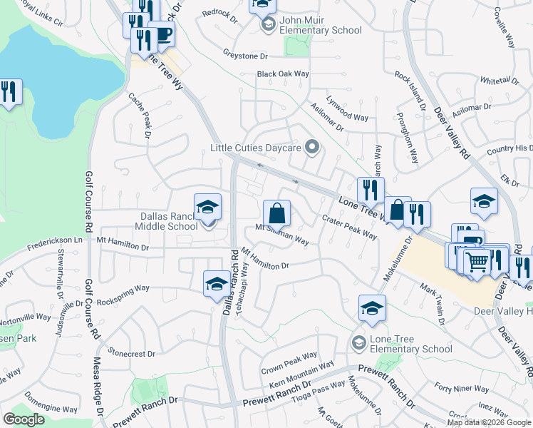 map of restaurants, bars, coffee shops, grocery stores, and more near 4751 Dallas Ranch Road in Antioch