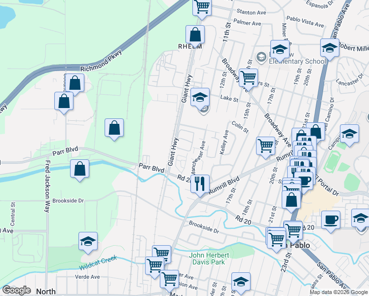 map of restaurants, bars, coffee shops, grocery stores, and more near 2600 Giant Road in San Pablo