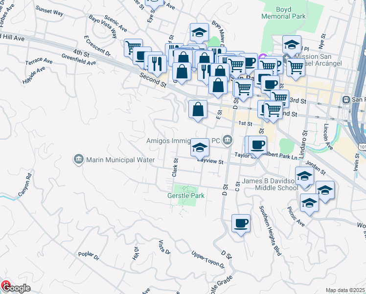 map of restaurants, bars, coffee shops, grocery stores, and more near 124 Ross Street in San Rafael