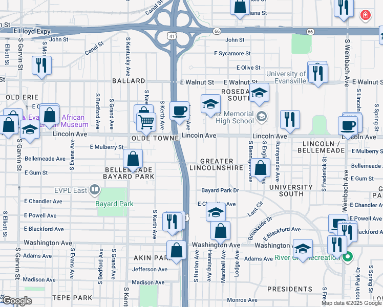 map of restaurants, bars, coffee shops, grocery stores, and more near in Evansville