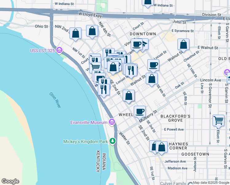 map of restaurants, bars, coffee shops, grocery stores, and more near 131 Locust Street in Evansville