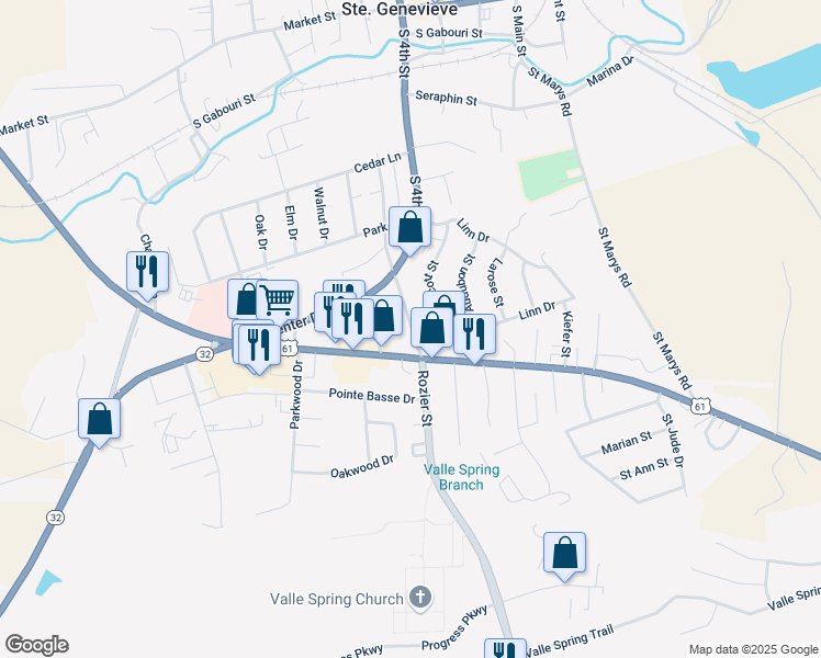 map of restaurants, bars, coffee shops, grocery stores, and more near 537 Scott Street in Ste. Genevieve