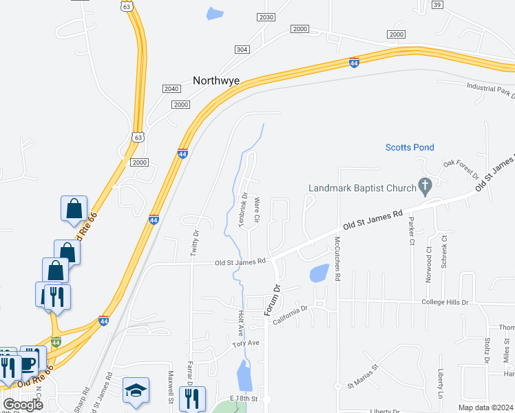 map of restaurants, bars, coffee shops, grocery stores, and more near 2176 Ware Circle in Rolla