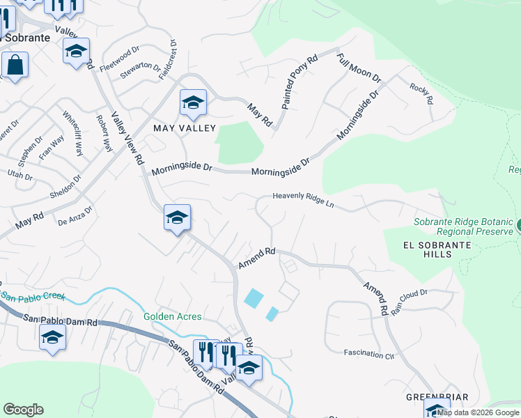 map of restaurants, bars, coffee shops, grocery stores, and more near 5160 Heavenly Ridge Lane in Richmond