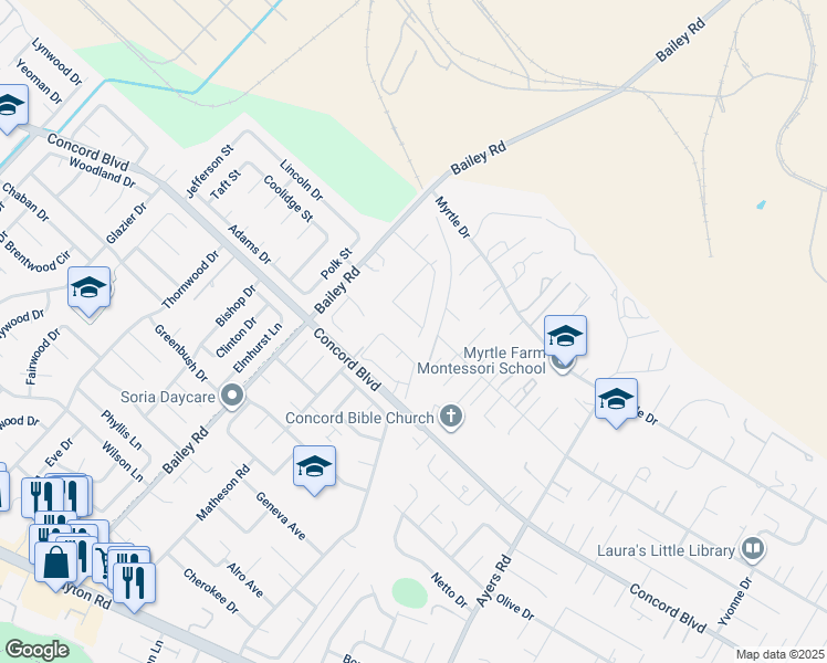 map of restaurants, bars, coffee shops, grocery stores, and more near 1837 Andrews Drive in Concord