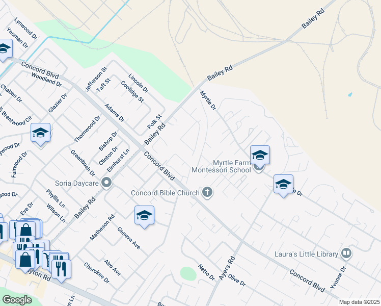 map of restaurants, bars, coffee shops, grocery stores, and more near 1837 Andrews Drive in Concord