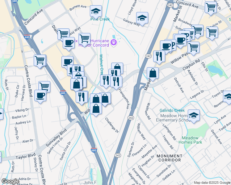 map of restaurants, bars, coffee shops, grocery stores, and more near 1390 Willow Pass Road in Concord