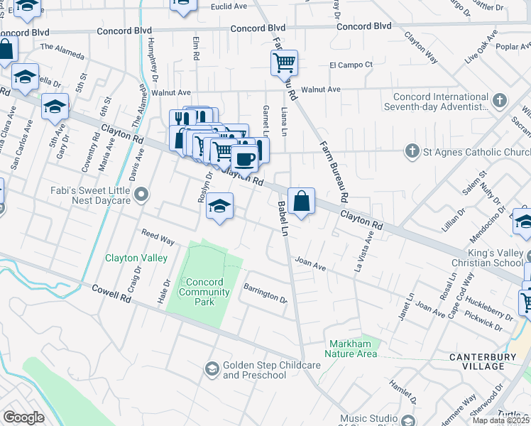 map of restaurants, bars, coffee shops, grocery stores, and more near 1462 Kimball Court in Concord