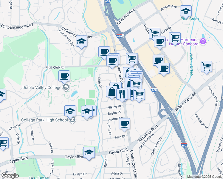 map of restaurants, bars, coffee shops, grocery stores, and more near 44 Duke Way in Pleasant Hill