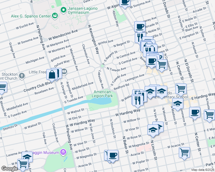 map of restaurants, bars, coffee shops, grocery stores, and more near 2152 Lakeside Avenue in Stockton