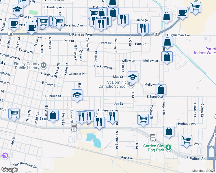 map of restaurants, bars, coffee shops, grocery stores, and more near 1505 East Spruce Street in Garden City