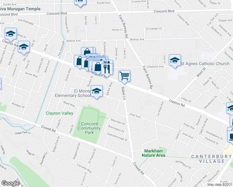 map of restaurants, bars, coffee shops, grocery stores, and more near 1462 Kimball Court in Concord