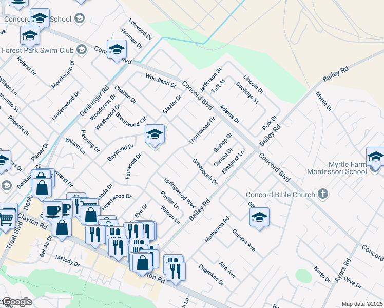map of restaurants, bars, coffee shops, grocery stores, and more near 1750 Thornwood Drive in Concord