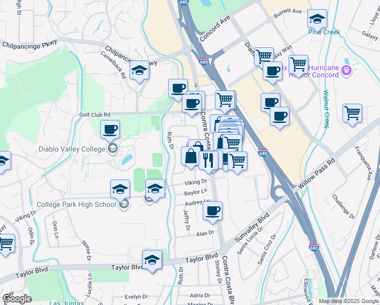 map of restaurants, bars, coffee shops, grocery stores, and more near 44 Duke Way in Pleasant Hill