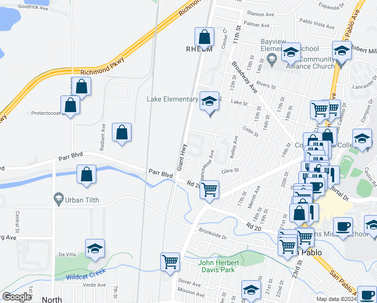 map of restaurants, bars, coffee shops, grocery stores, and more near 2600 Giant Road in San Pablo
