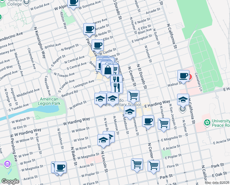 map of restaurants, bars, coffee shops, grocery stores, and more near Pacific Avenue & West Walnut Street in Stockton