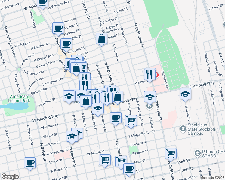 map of restaurants, bars, coffee shops, grocery stores, and more near 1700 North El Dorado Street in Stockton