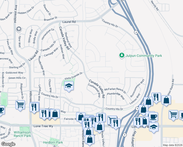map of restaurants, bars, coffee shops, grocery stores, and more near 5472 Mountain Ridge Way in Antioch