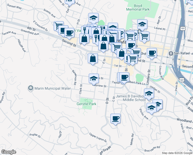 map of restaurants, bars, coffee shops, grocery stores, and more near Marin Street & Ross Street in San Rafael