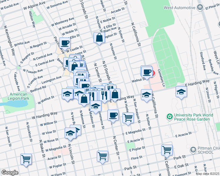 map of restaurants, bars, coffee shops, grocery stores, and more near 1700 North El Dorado Street in Stockton